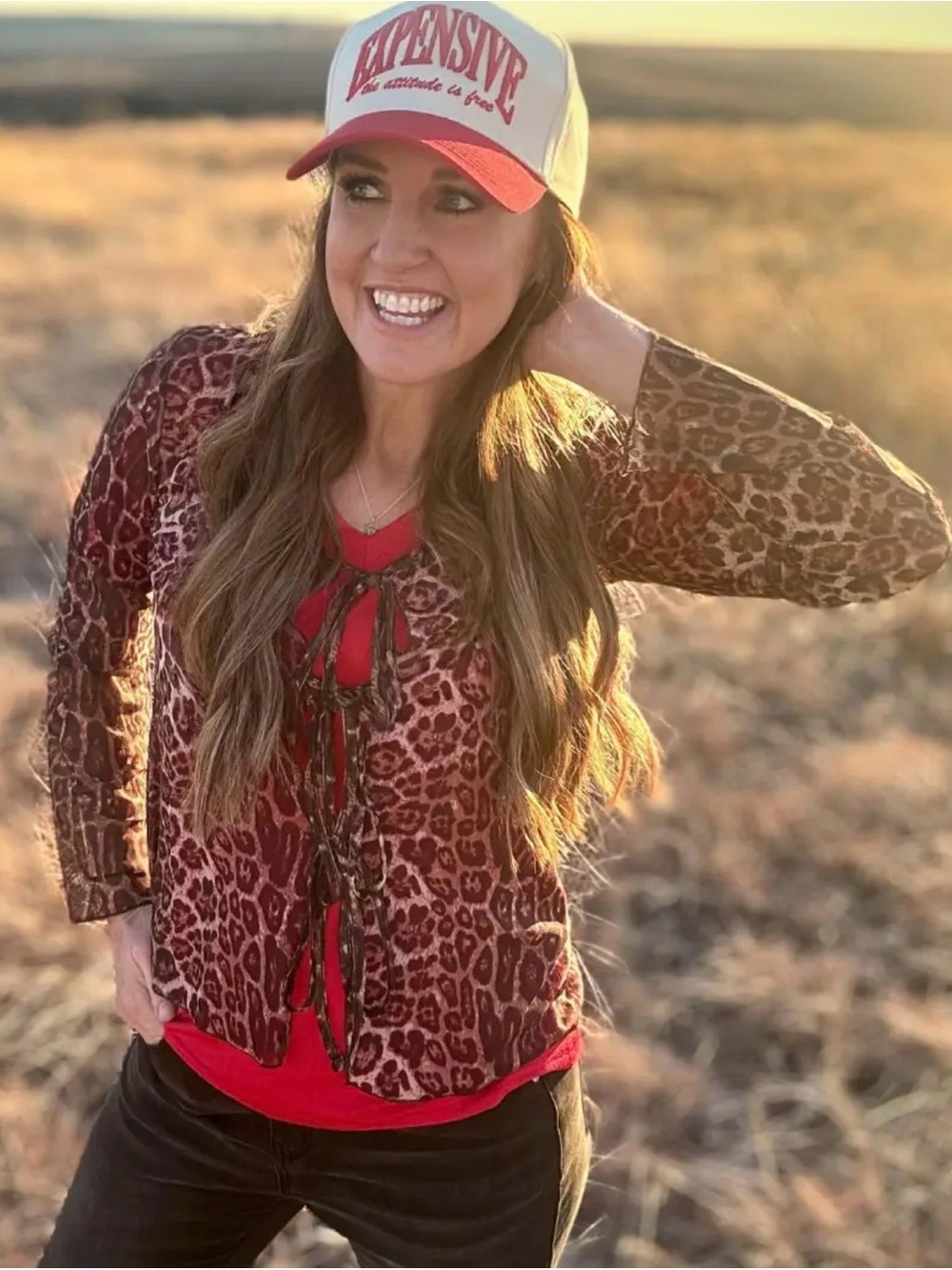 Leopard Print Tie-Front Button Down Top in Brown and Red